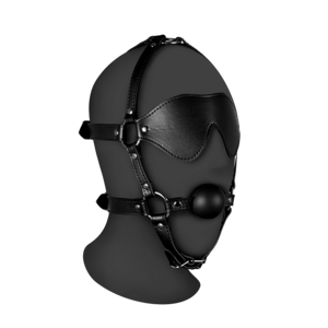 Kožený harness s maskou a pevný roubík - čierny